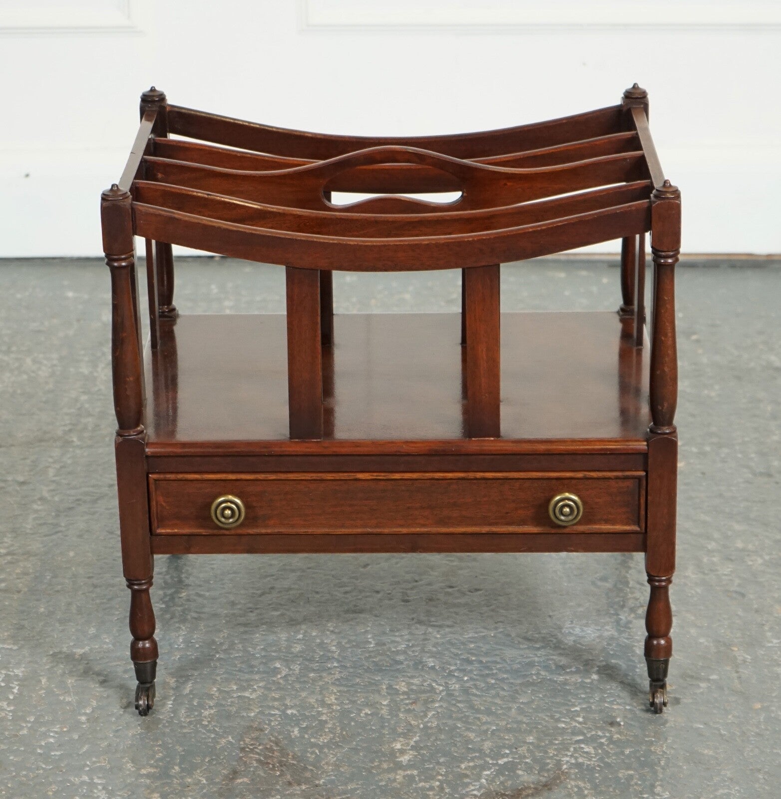 VINTAGE MAHOGANY CANTERBURY NEWSPAPER RACK WITH BRASS HANDLES