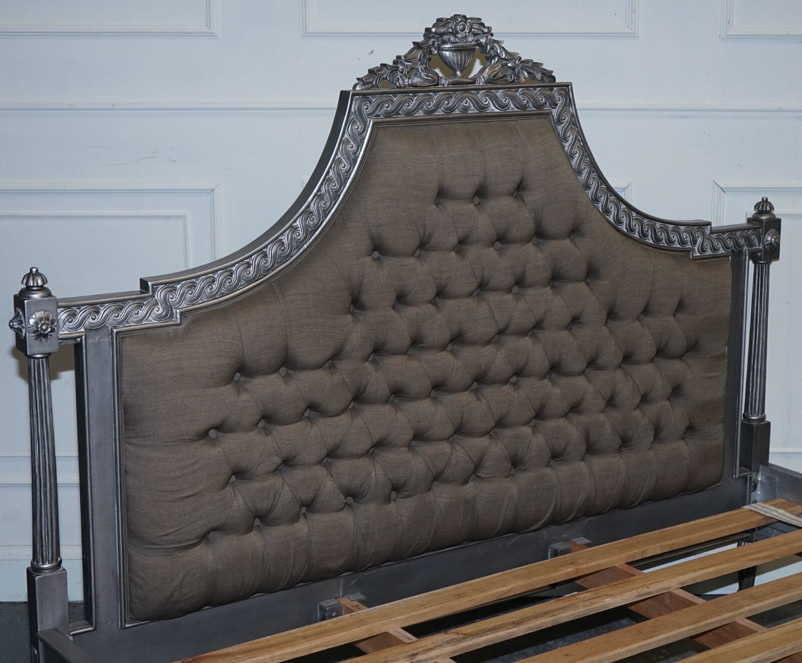 BEAUTIFUL FRENCH SILVER FRAME BUTTON BACKED KING SIZE WOODEN BED FRAME