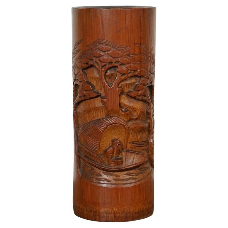 OLD CHINESE BAMBOO BRUSH POT DRIED FLOWER VASE