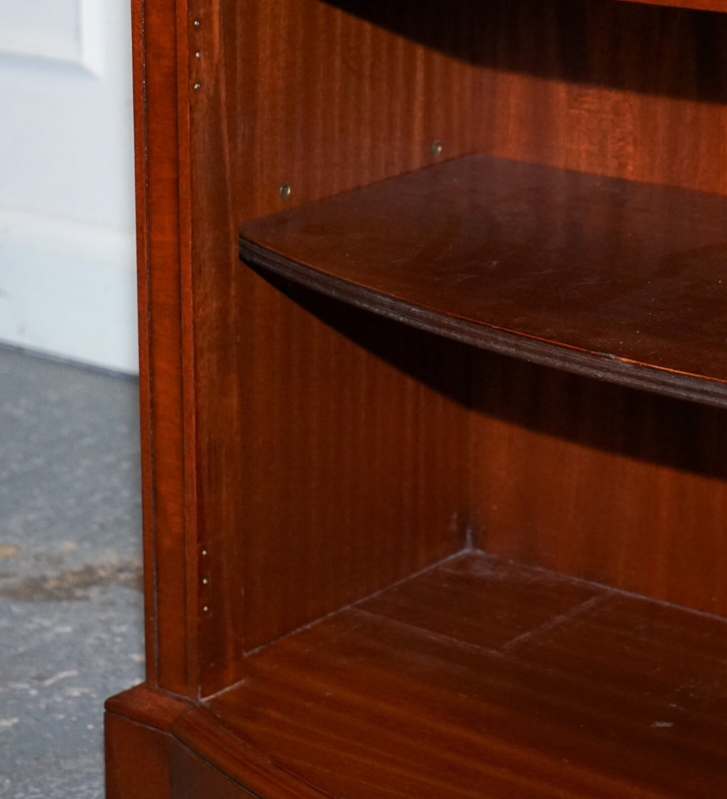 VINTAGE SERPENTINE BOW FRONT DWARF OPEN BOOKCASE WITH TWO DRAWERS BY WADE