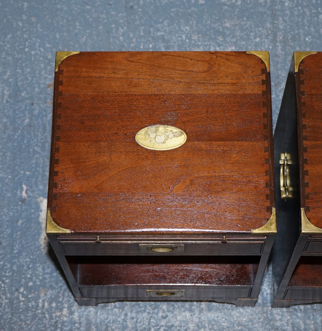 PAIR OF MILITARY CAMPAIGN BEVAN FUNELL BEDSIDE TABLES NIGHTSTANDS TWO DRAWERS