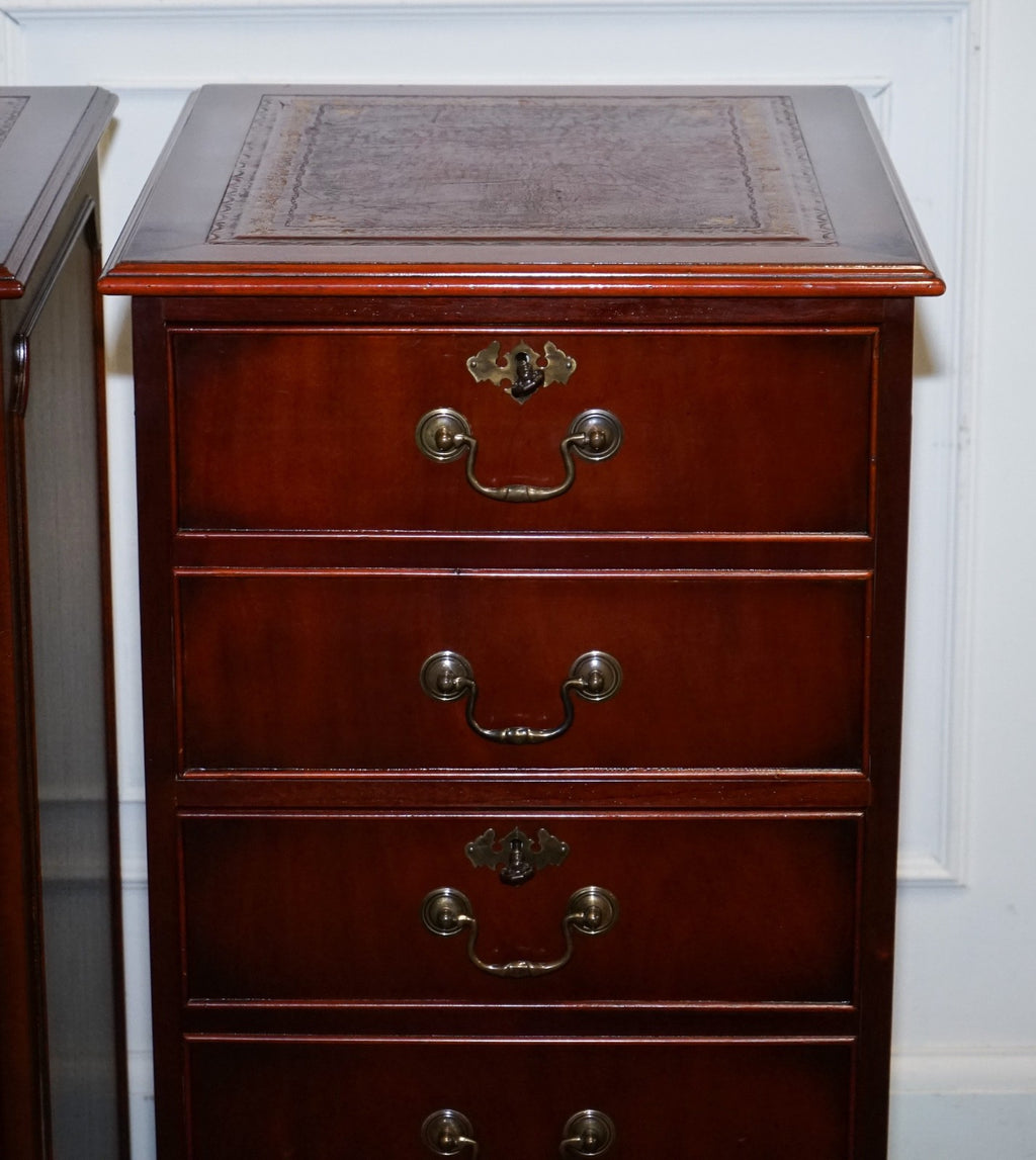 PAIR OF FILLING CABINETS BURGUNDY LEATHER GOLD EMBOSSED TOP 3 SPACIOUS DRAWERS