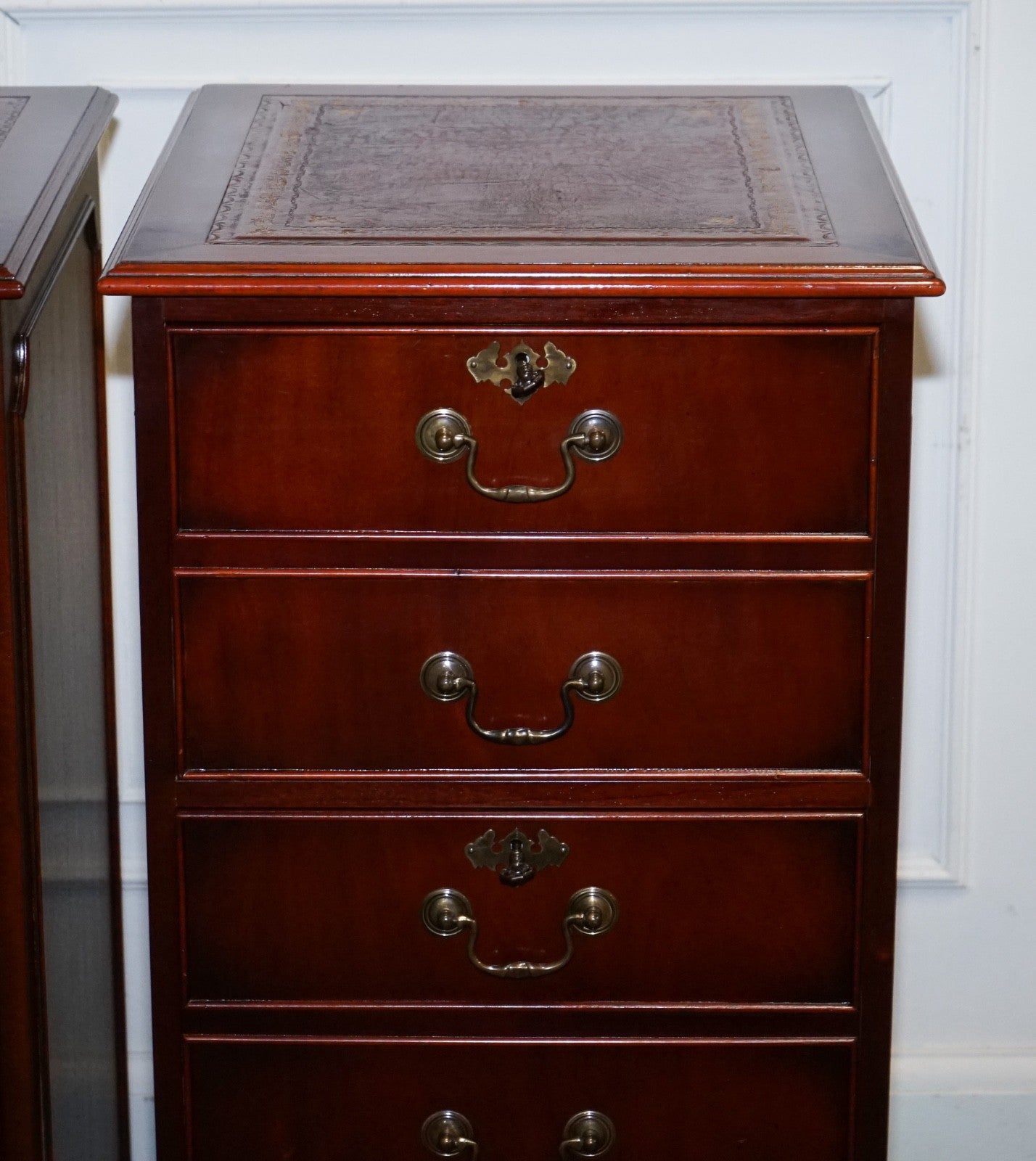PAIR OF FILLING CABINETS BURGUNDY LEATHER GOLD EMBOSSED TOP 3 SPACIOUS DRAWERS
