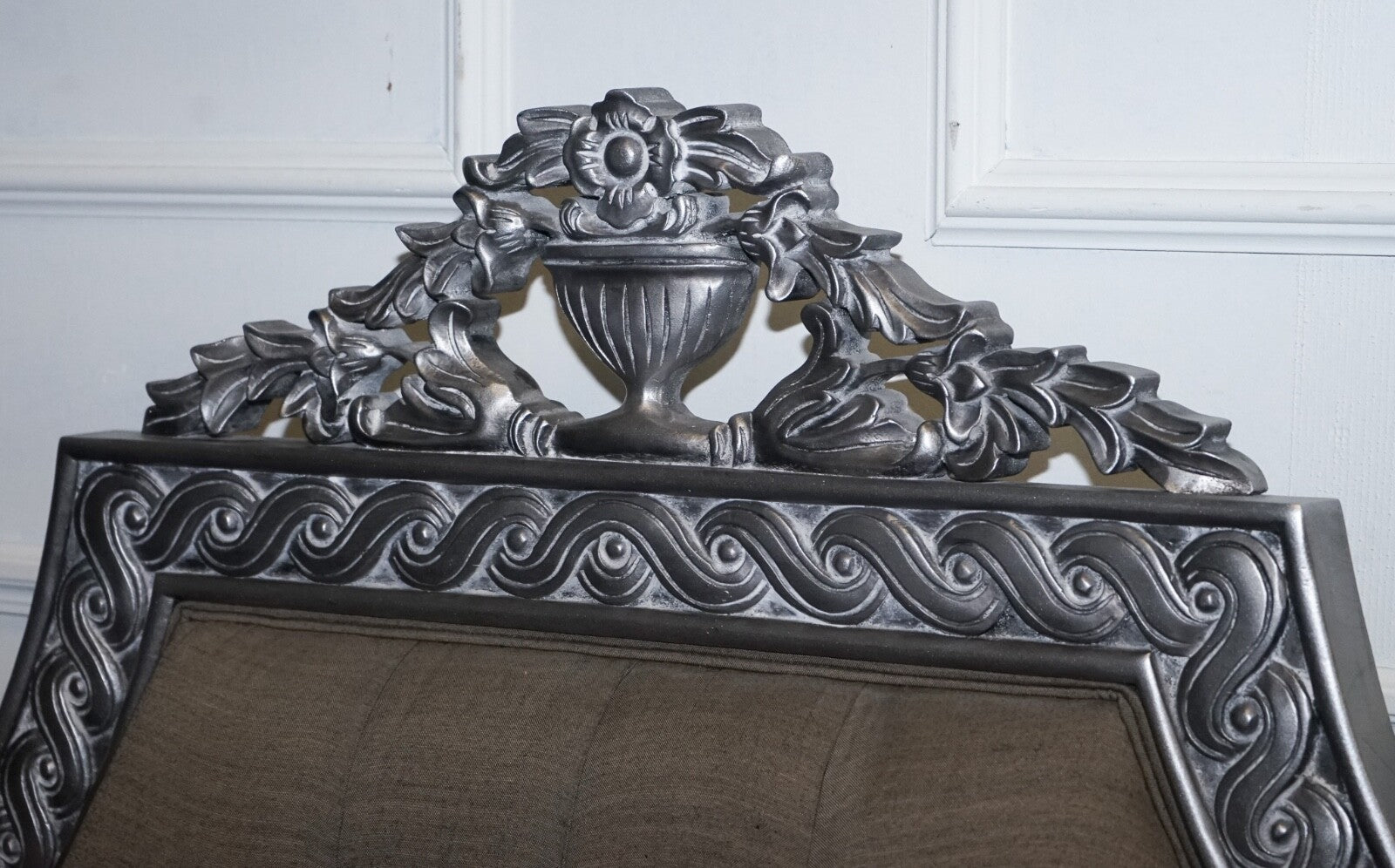 BEAUTIFUL FRENCH SILVER FRAME BUTTON BACKED KING SIZE WOODEN BED FRAME