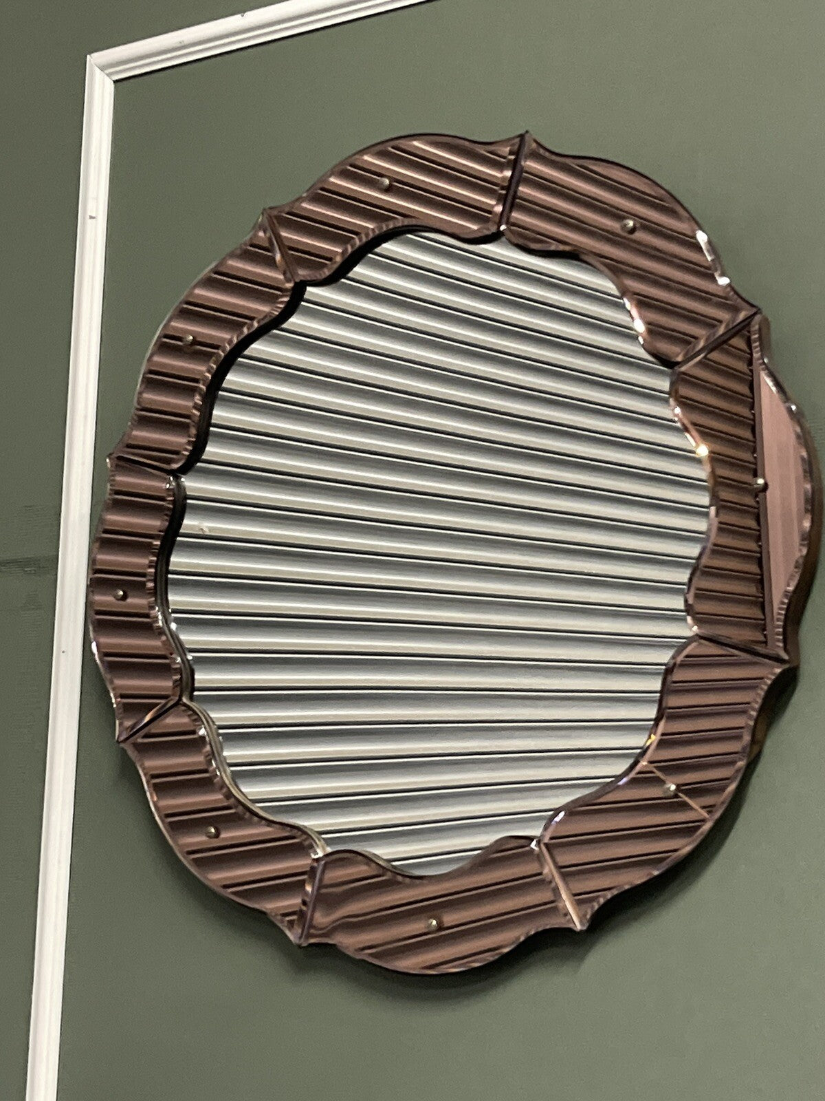 STUNNING FRENCH ART DECO 1920'S CONVEX PEACH COLOURED WALL MIRROR