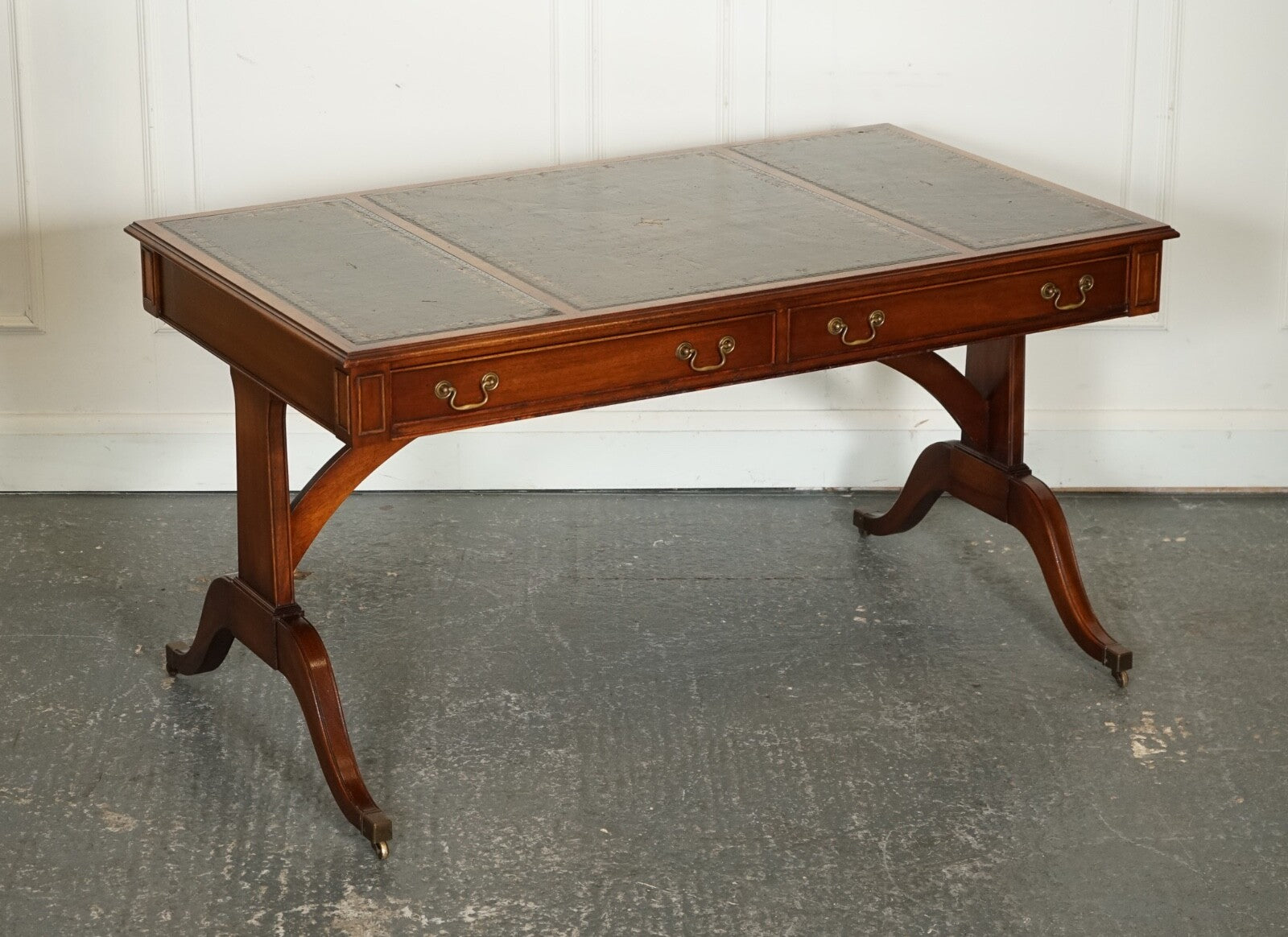 BEVAN FUNNEL REGENCY STYLE TWO DRAWERS WRITING OFFICE DESK TABLE GREEN LEATHER