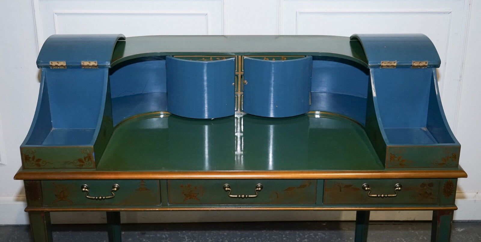 ORIENTAL CHINOISERIE GREEN & GOLD CARLTON DESK WITH MATCHING ARMCHAIR