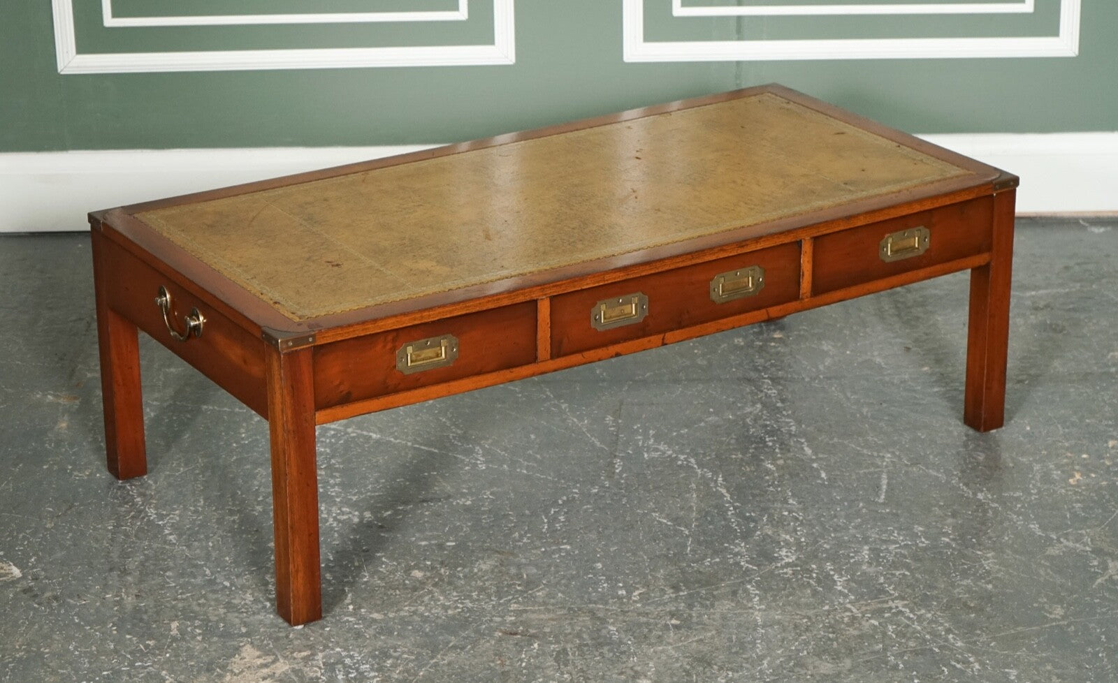 VINTAGE YEW WOOD MILITARY CAMPAIGN COFFEE TABLE WITH EMBOSSED LEATHER