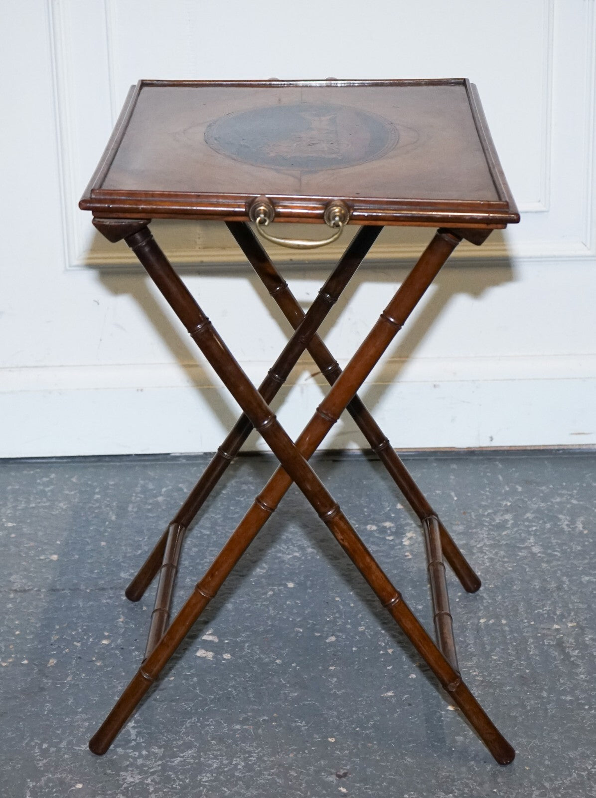 VICTORIAN DOUBLE SIDED SERVING TRAY ON BAMBOO STAND BRASS HANDLES MARQUETRY TOP