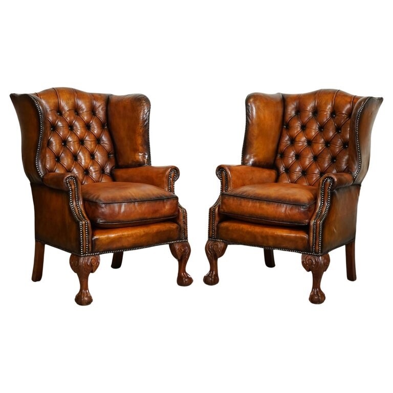 RESTORED PAIR OF HAND DYED BROWN LEATHER CHESTERFiELD WINGBACK ARMCHAIRS