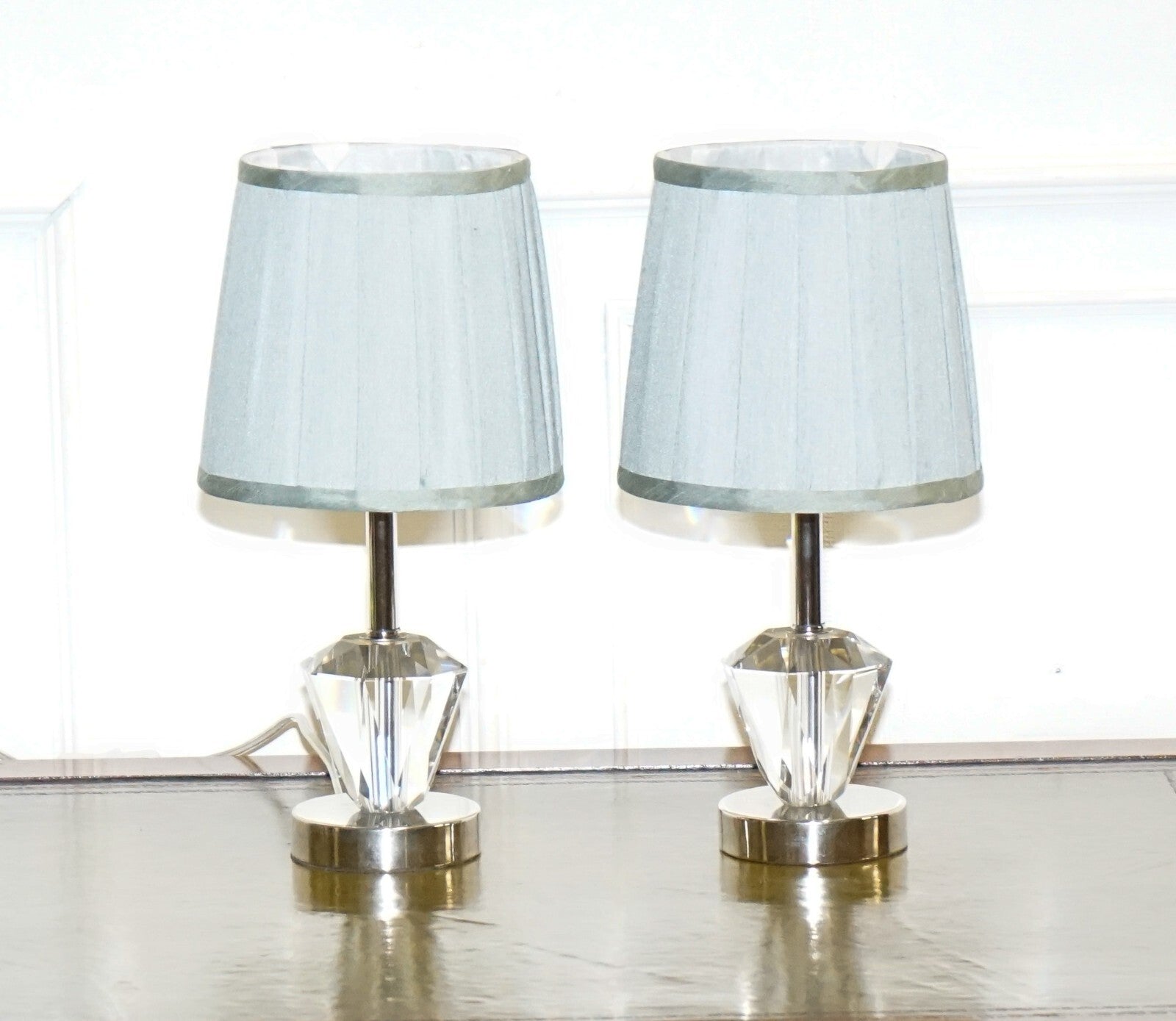 LOVELY PAIR OF DIAMOND GLASS DESIGN ON STAINLESS STEEL BASE BABY BLUE SHADES