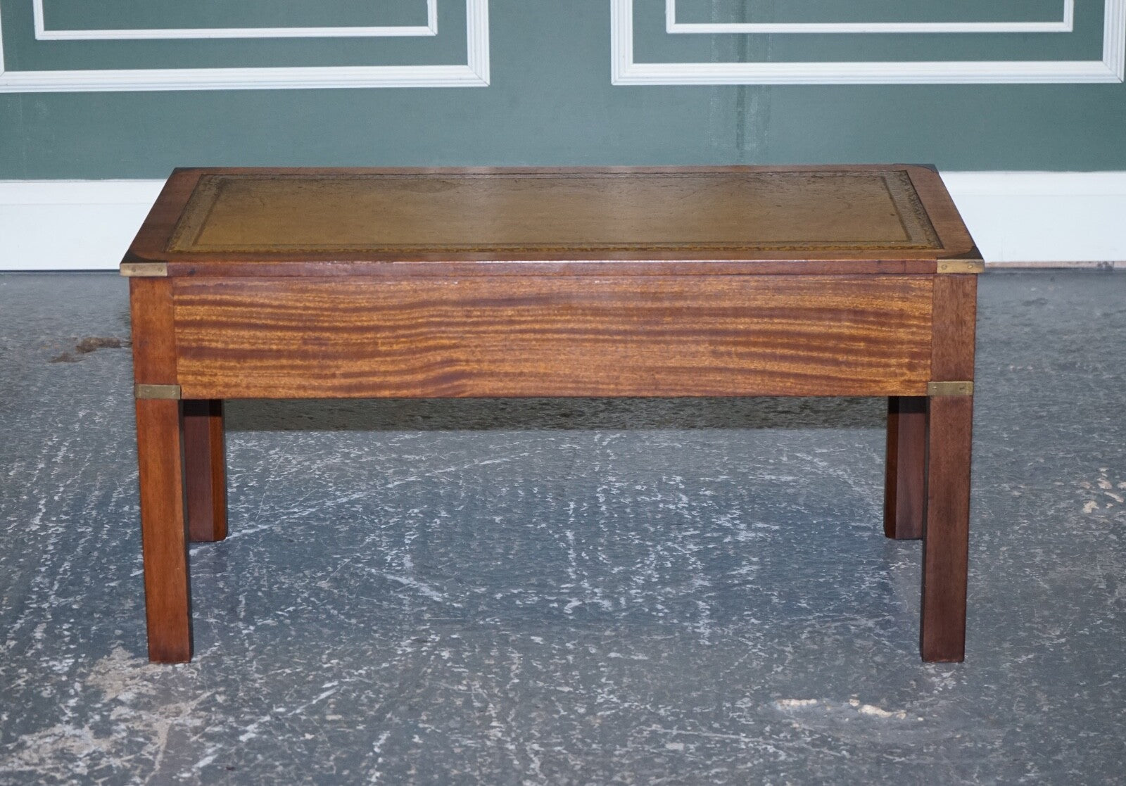 HARRODS LONDON KENNEDY MILITARY CAMPAIGN COFFEE TABLE WITH BROWN LEATHER TOP
