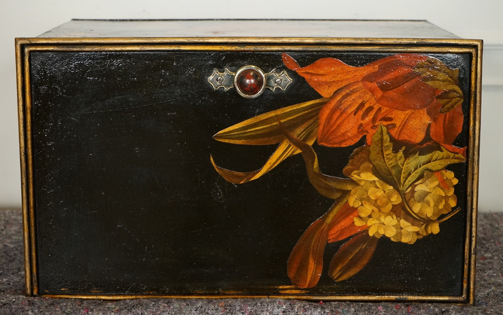 VERY DECORATIVE VINTAGE SHAW & SONS METAL FLORAL HAND PAINTED DESIGN STORAGE BOX