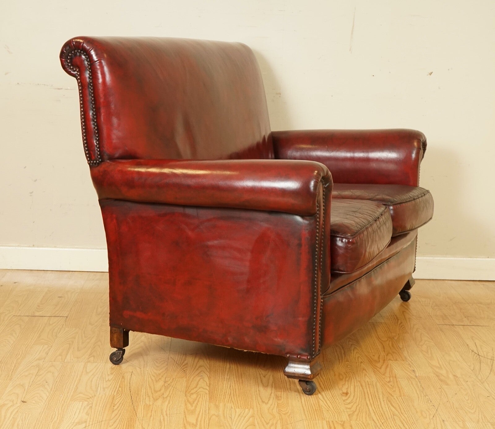 STUNNING VICTORIAN BURGUNDY GENTLEMAN'S CLUB HAND DYED LEATHER SOFA