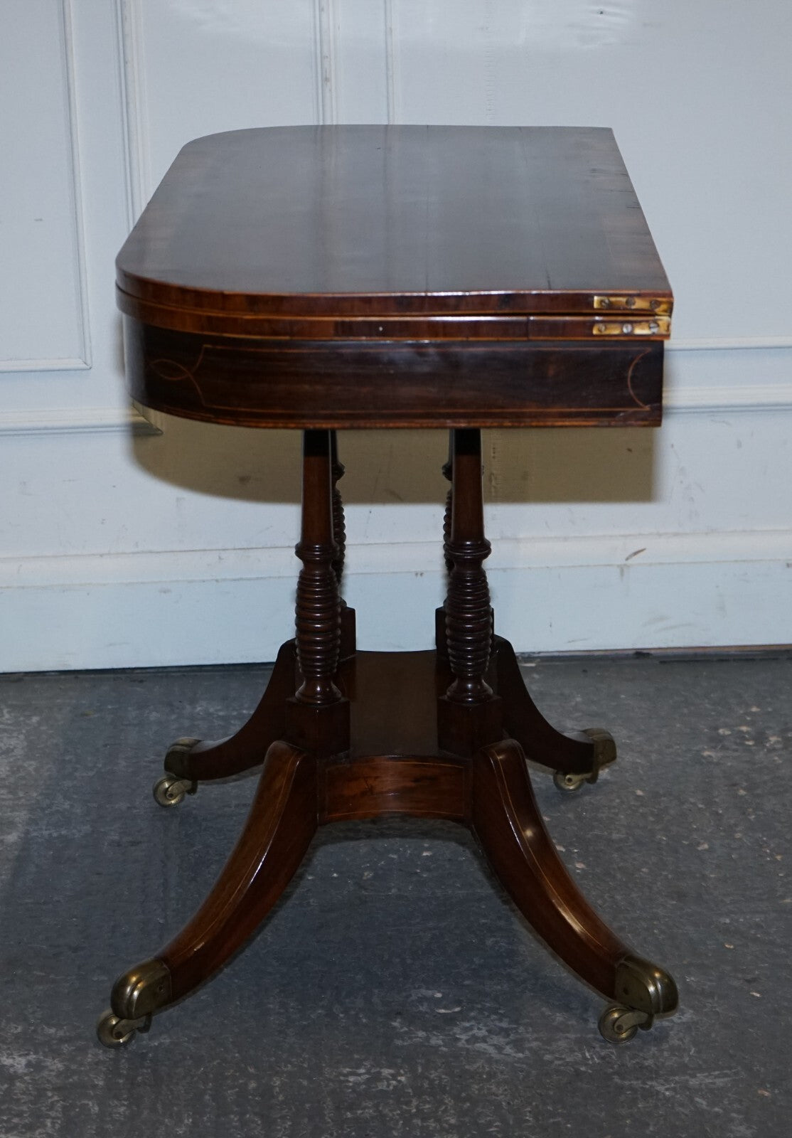 FULLY RESTORED GEORGIAN GAMES CARD FOLDING TABLE ON ORIGINAL BRASS CASTORS