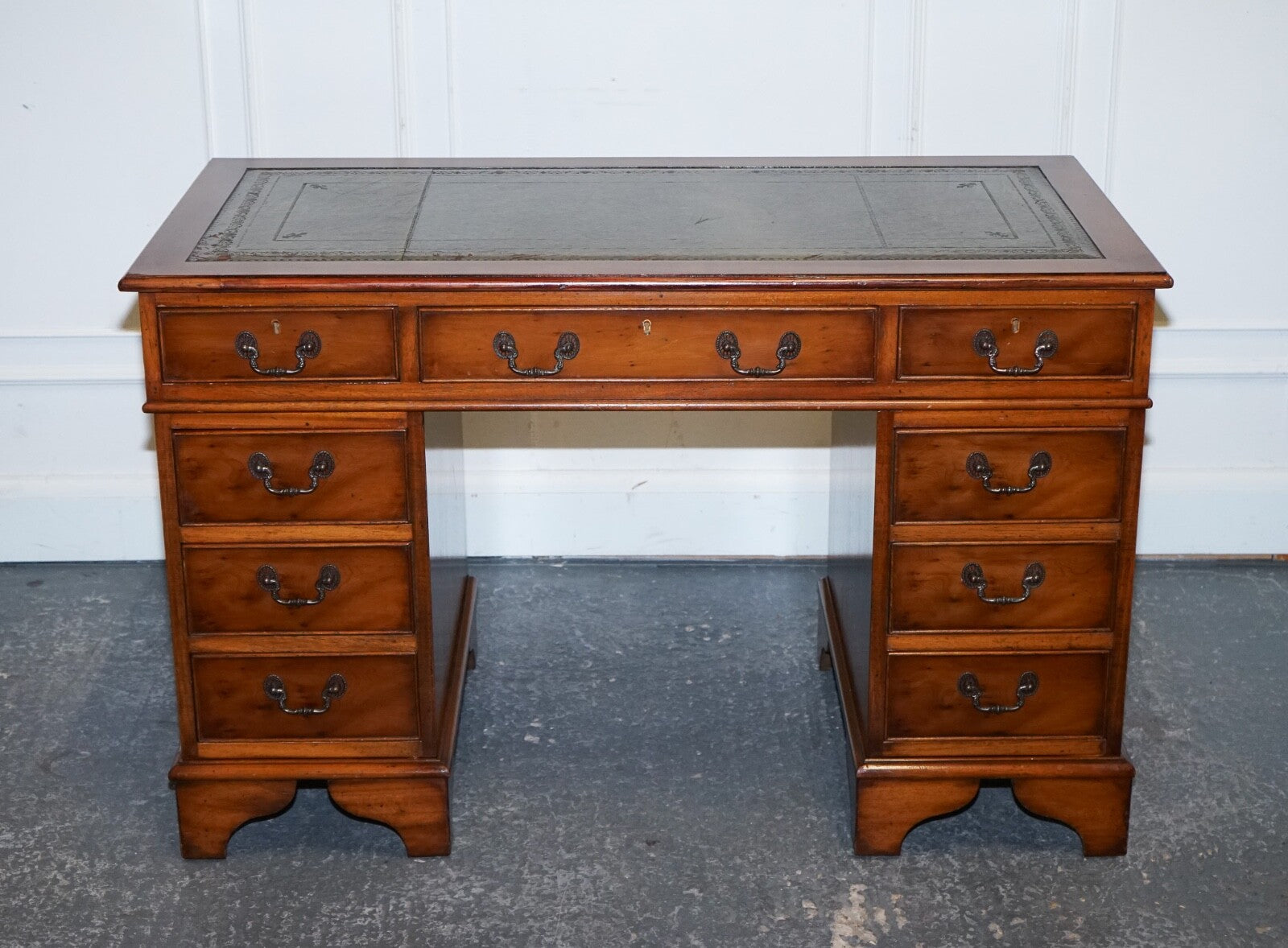 VINTAGE YEW WOOD TWIN PEDESTAL GREEN LEATHER TOP DESK