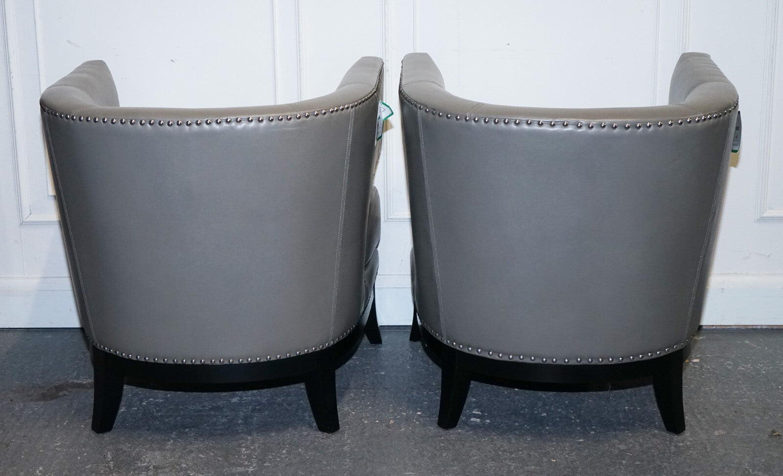 CONTEMPORARY COACH HOUSE GREY LEATHER ROUND BACK ARMCHAIRS WiTH STUDS