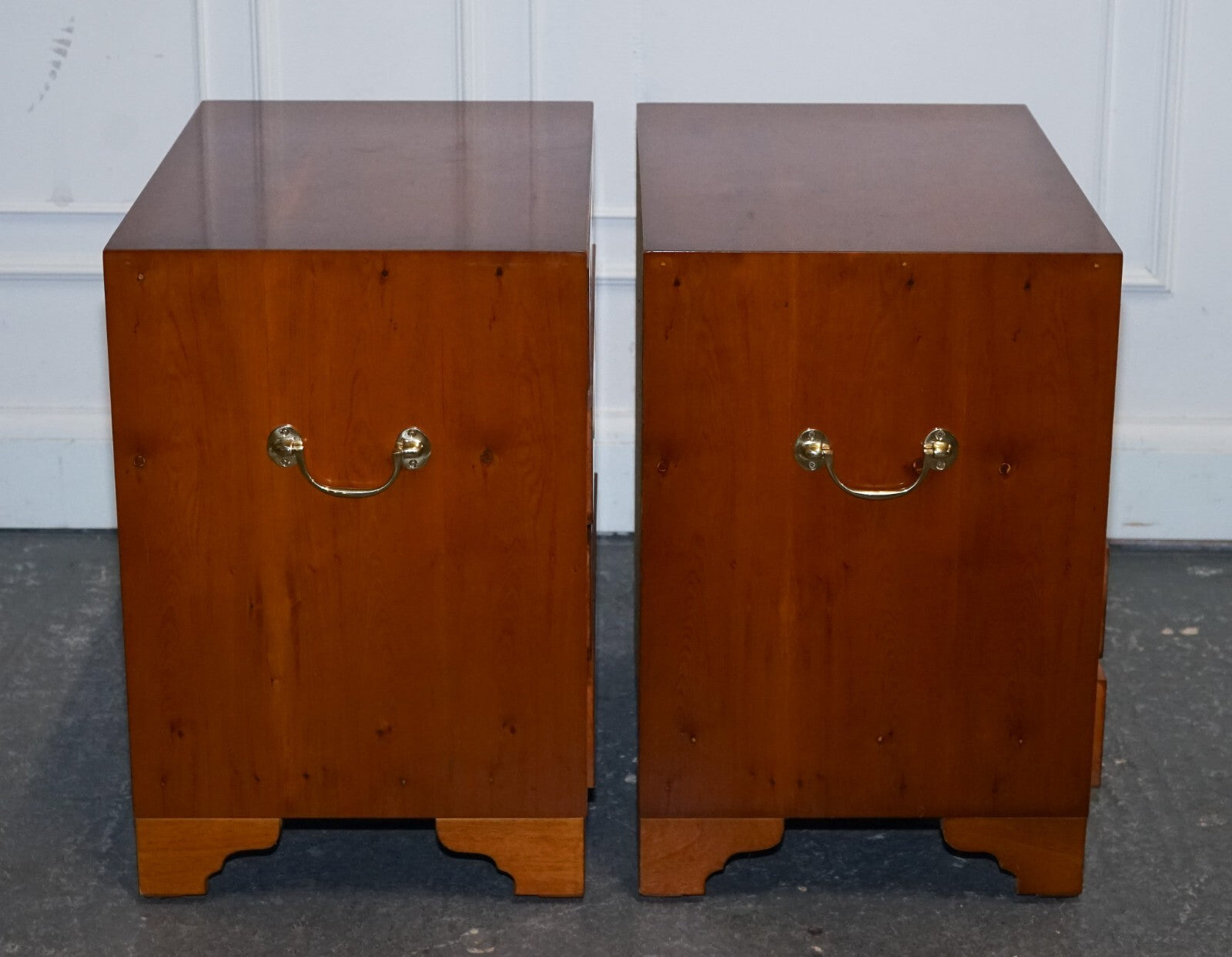 PAIR OF VINTAGE MILITARY CAMPAIGN YEW WOOD CHEST OF DRAWERS END TABLES