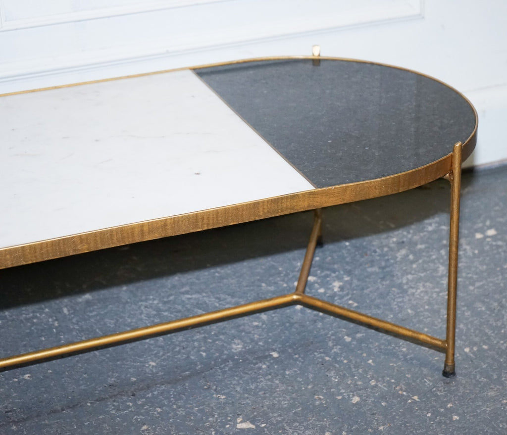 CONTEMPORARY ITALIAN TWO TONE MARBLE & LIMESTONE COFFEE TABLE ON METAL GOLD LEGS