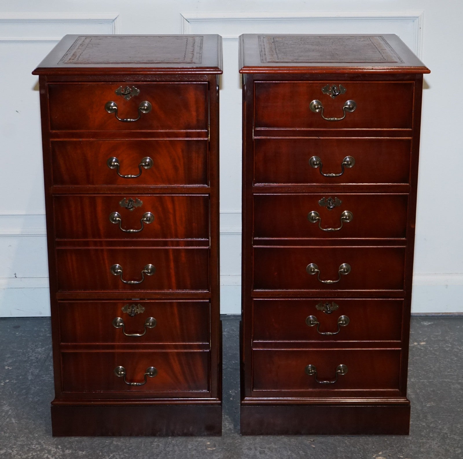 PAIR OF FILLING CABINETS BURGUNDY LEATHER GOLD EMBOSSED TOP 3 SPACIOUS DRAWERS