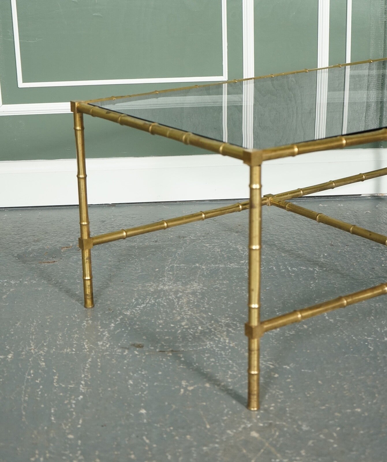 HOLLYWOOD REGENCY GOLDEN BAMBOO COFFEE TABLE SET WITH 2 SIDE TABLES ON CASTORS