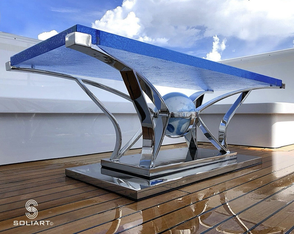 RARE CUSTOM HAND MADE GLASS MARINE GRADE STAINLESS STEEL COFFEE TABLE BY SOLIART